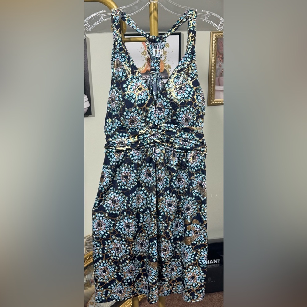 EUC India Boutique Navy Dress with Teal, Gold Accents built in Bra Open Back
